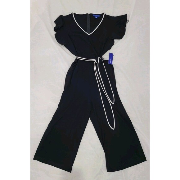 NWT $60 Apt 9 Black White Midi Cropped Wide Leg Ruffled  Sleeve Jumpsuit Sz S - Picture 4 of 12
